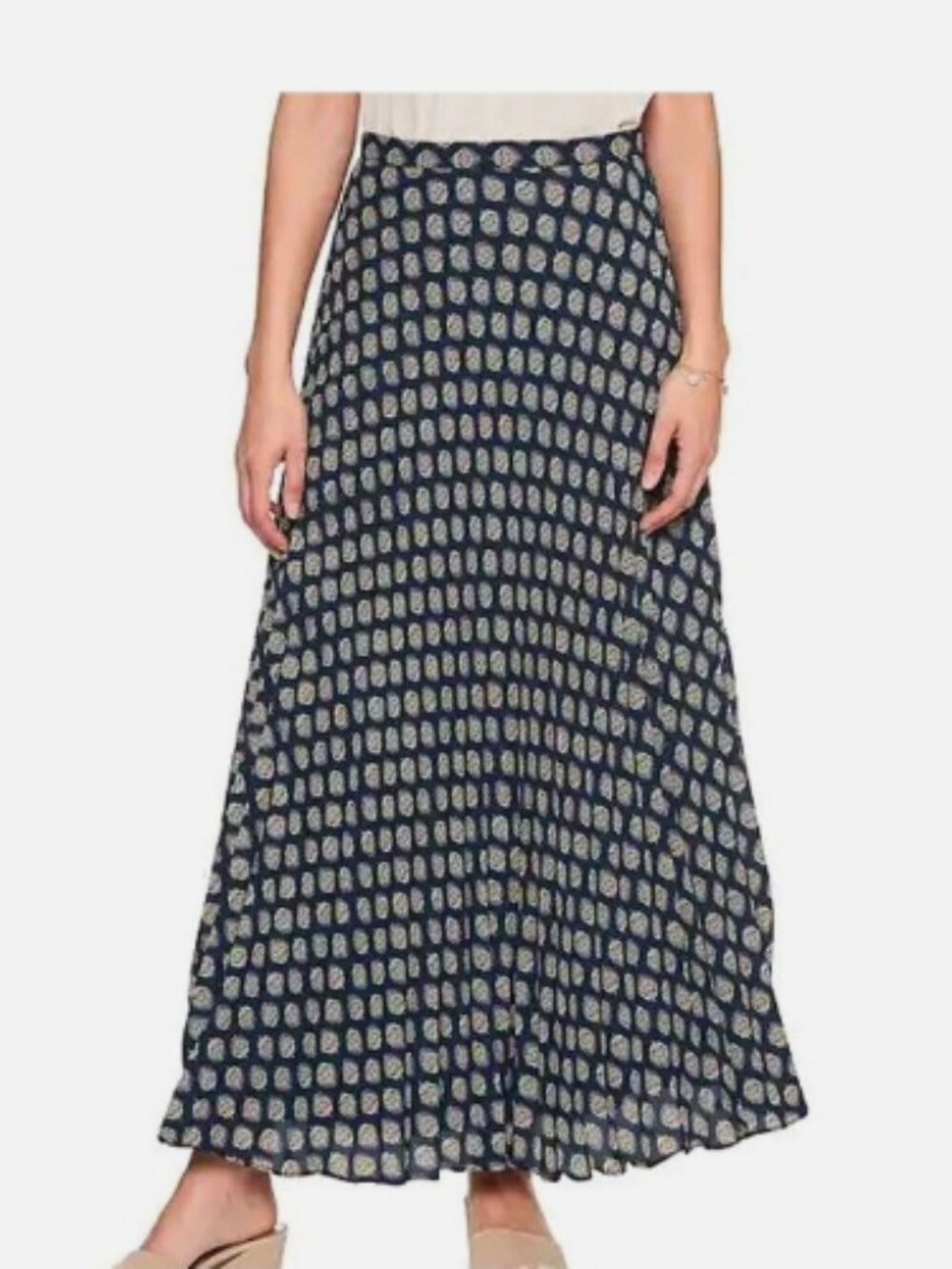 Banana Republic Blue Accordion Pleated Maxi Skirt  Geometric Foulard Print Sz 8
